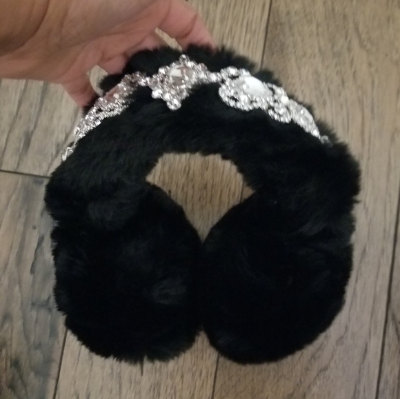 Black Faux Fur Crystal Emblellished Earmuffs Earwarmers Headband Headdress - Picture 9 of 10